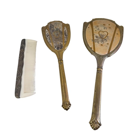 Other - Antique Vanity Set 3pc Gold Tone Floral Heart Art Deco Mirror Brush Comb Set